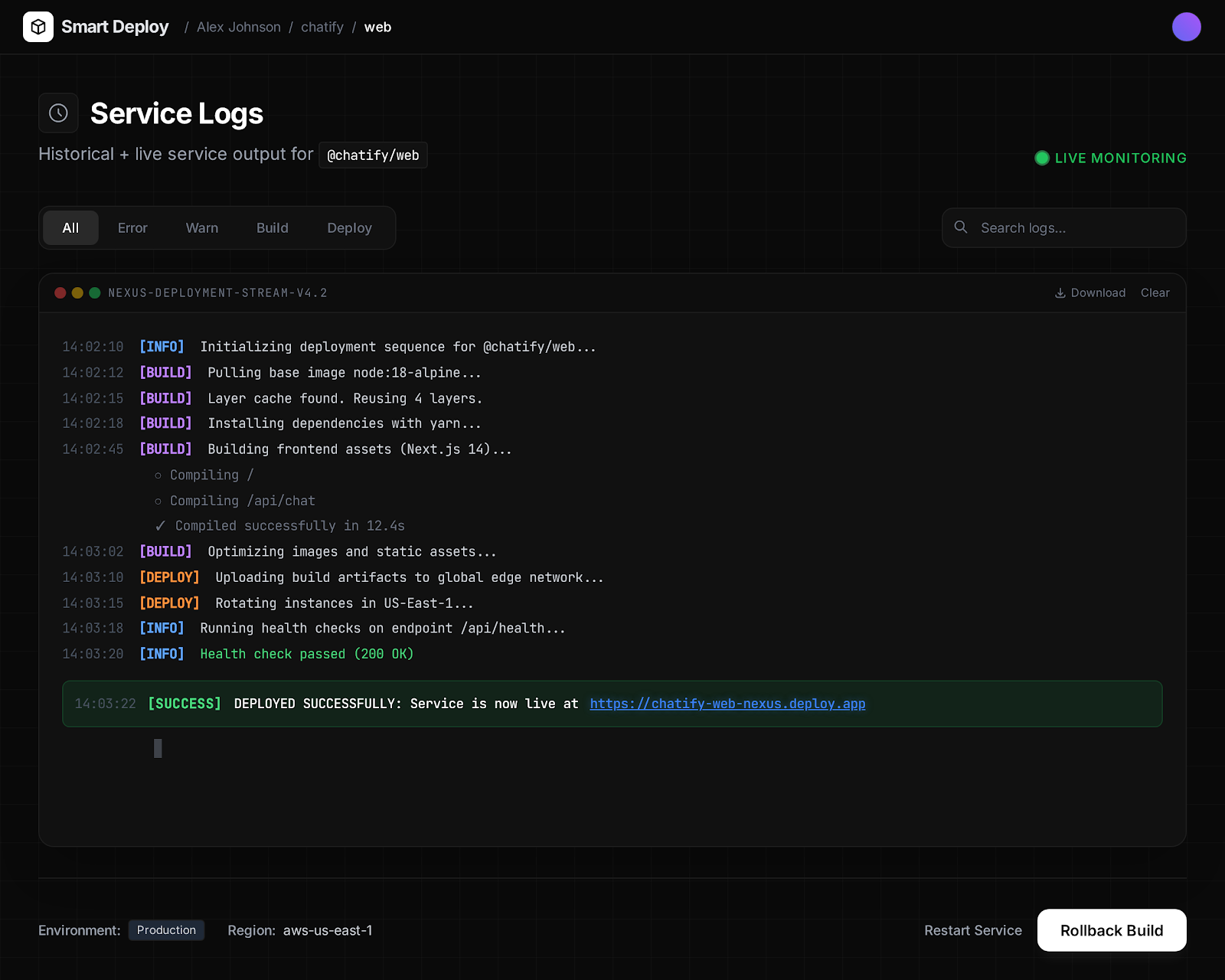 SmartDeploy deployment view with logs and live preview side by side